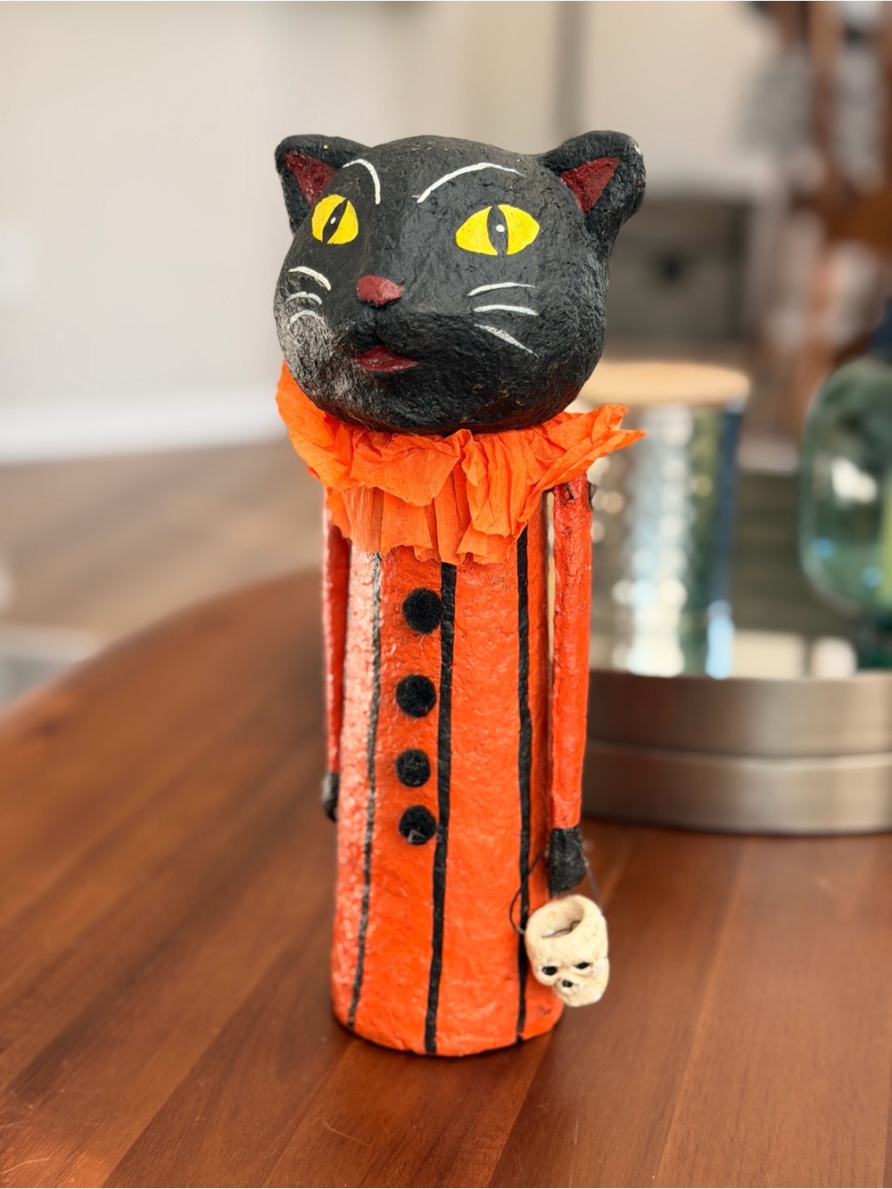 Papier-Mâché Black Cat Halloween Figurine | Skeleton Trick-or-Treat Basket